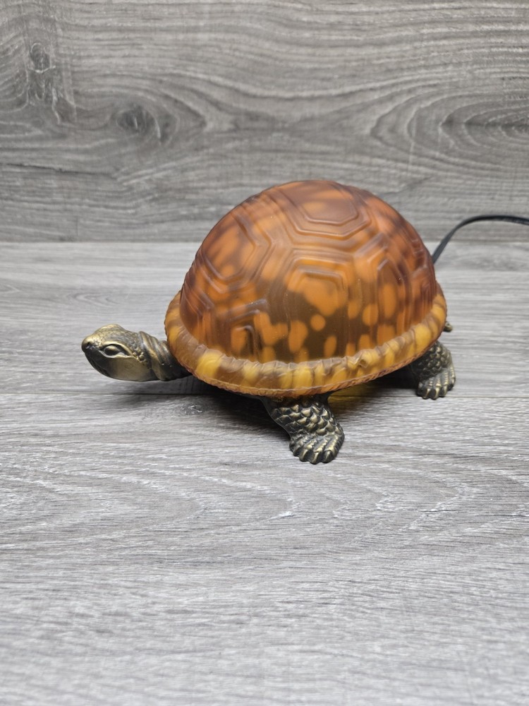 Tiffany Style Brass Bronze Turtle Lamp Glass Amber Shell