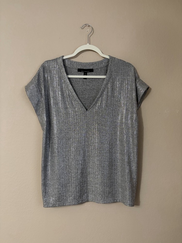 White House Black Market Silver Metallic Lurex V-Neck Top Large