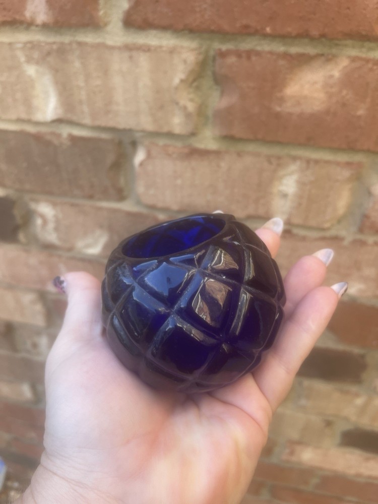 Vintage Etched Cobalt Blue Glass Tea Light Holder