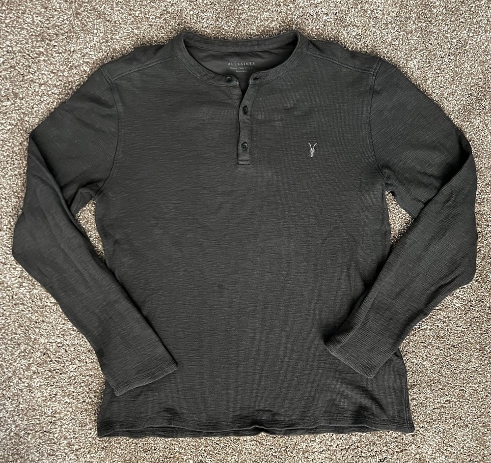 AllSaints Men's Medium Regular Fit Gray Cotton Thermal Long Sleeve Muse Henley