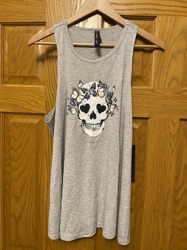 Betsey Johnson Performance Skull Butterfly Tank Top Gray XL
