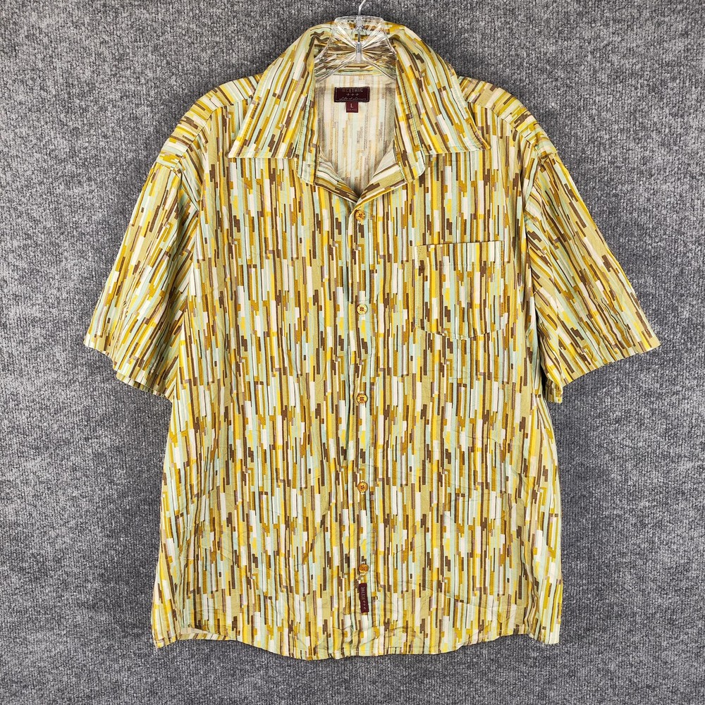 BC Ethic Shirt Mens Large Yellow Geometric Camp Collar Button Up USA Made