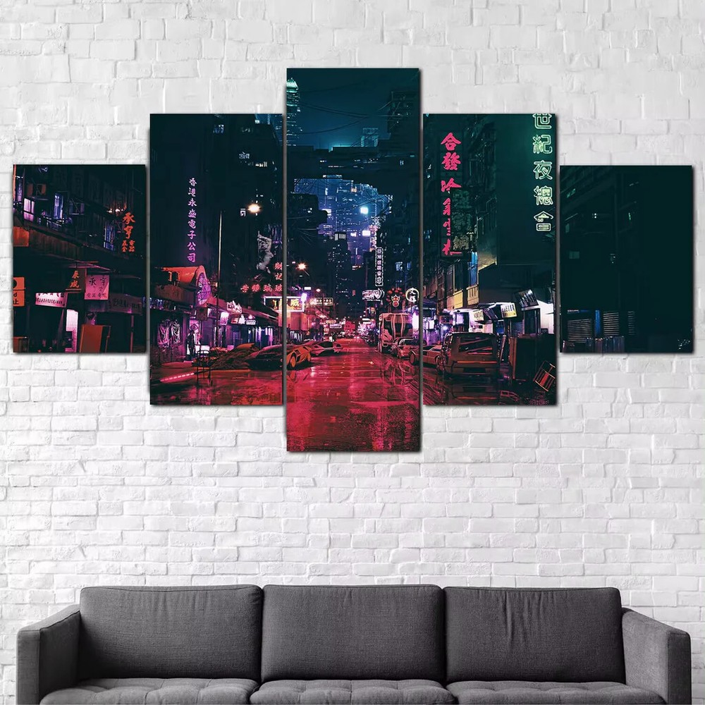 Cyberpunk Futuristic Dystopian Scifi City Night 5 Piece Panel Canvas Wall Art