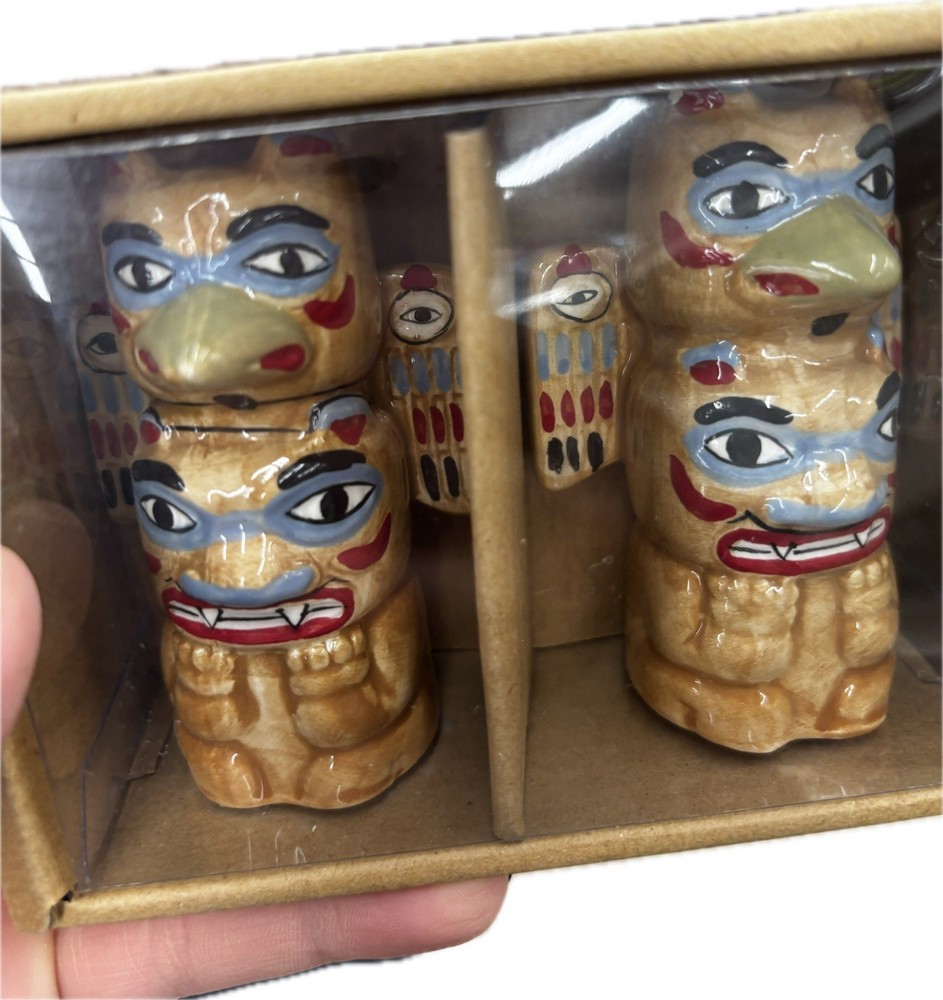 Vintage Ceramic Totem Pole SALT And PEPPER SHAKERS ALASKA Tiki Bird 3”