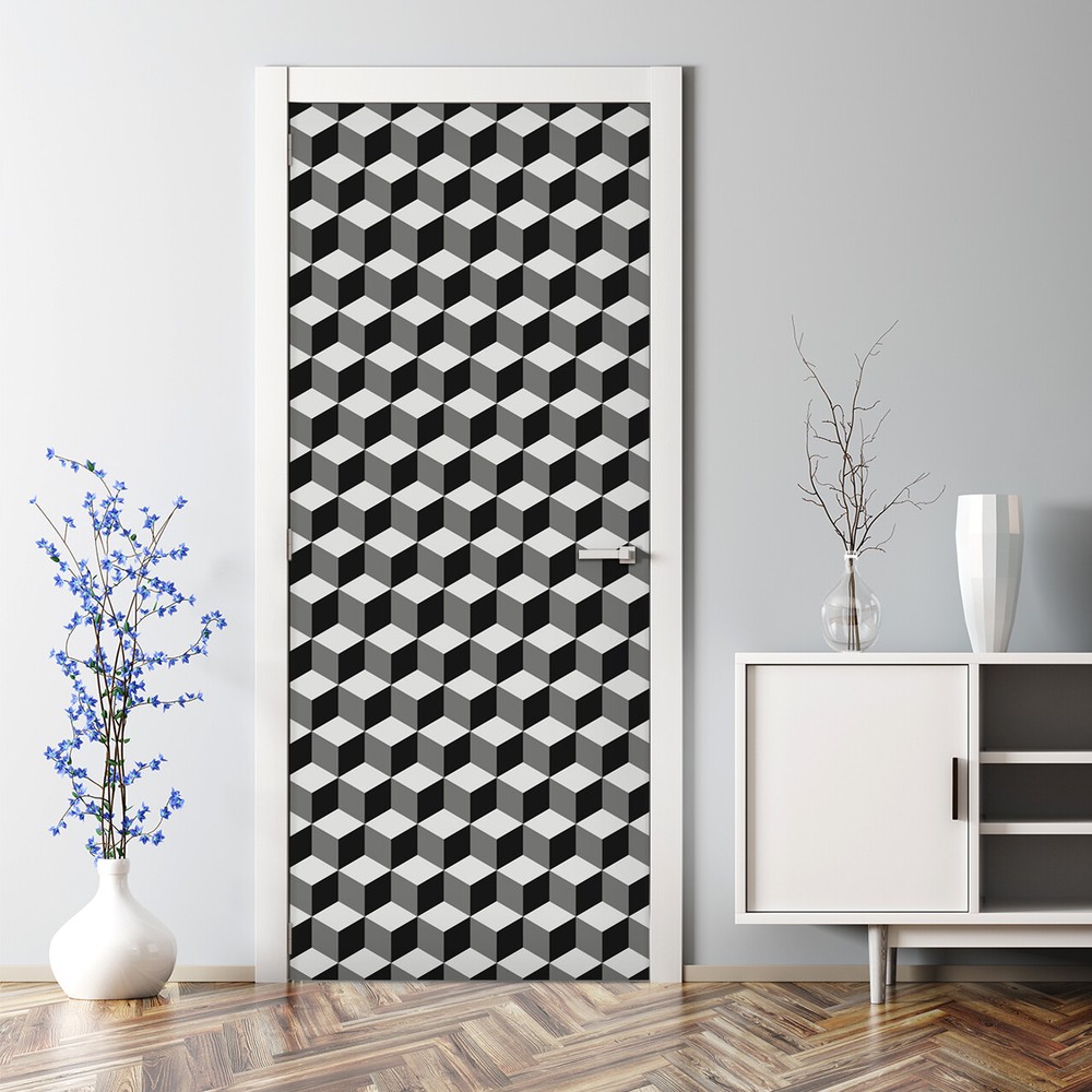 3D Cube Pattern Modern Bubble-Free Black & White Door Sticker Decal