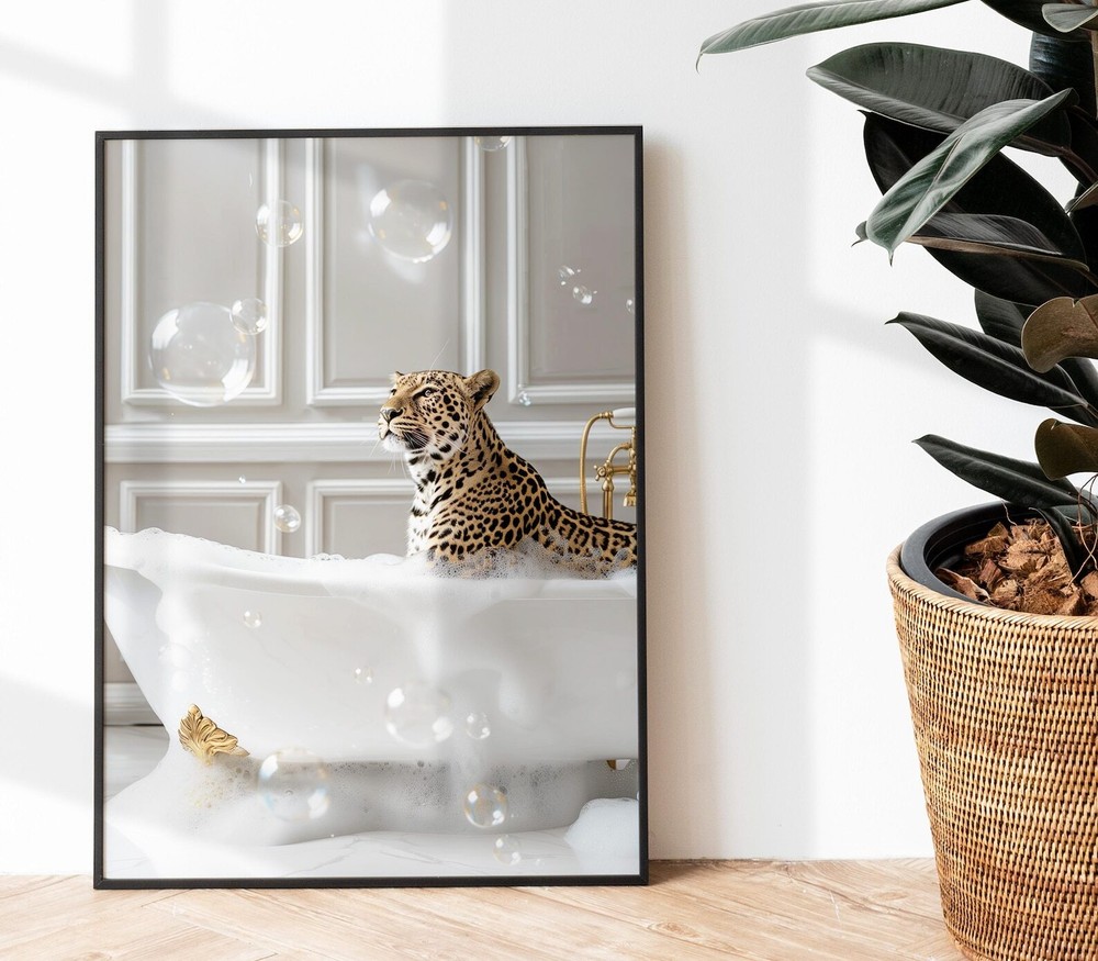 Leopard In Bathtub Art Print Leopard Print Decor Cheetah Poster Bathroom Wall