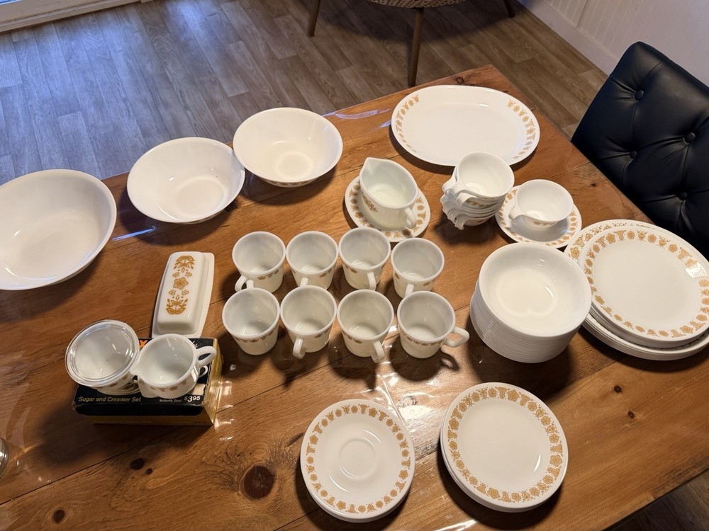 Corelle Butterfly Gold Set Service for 8 50+ Pc Serving Bowls Butter Dish