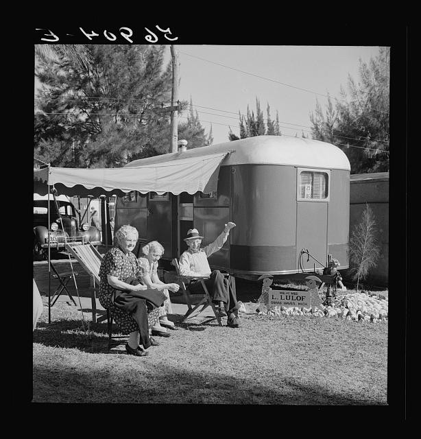 Sarasota Florida 1941 trailer park guests with travel trailer and car