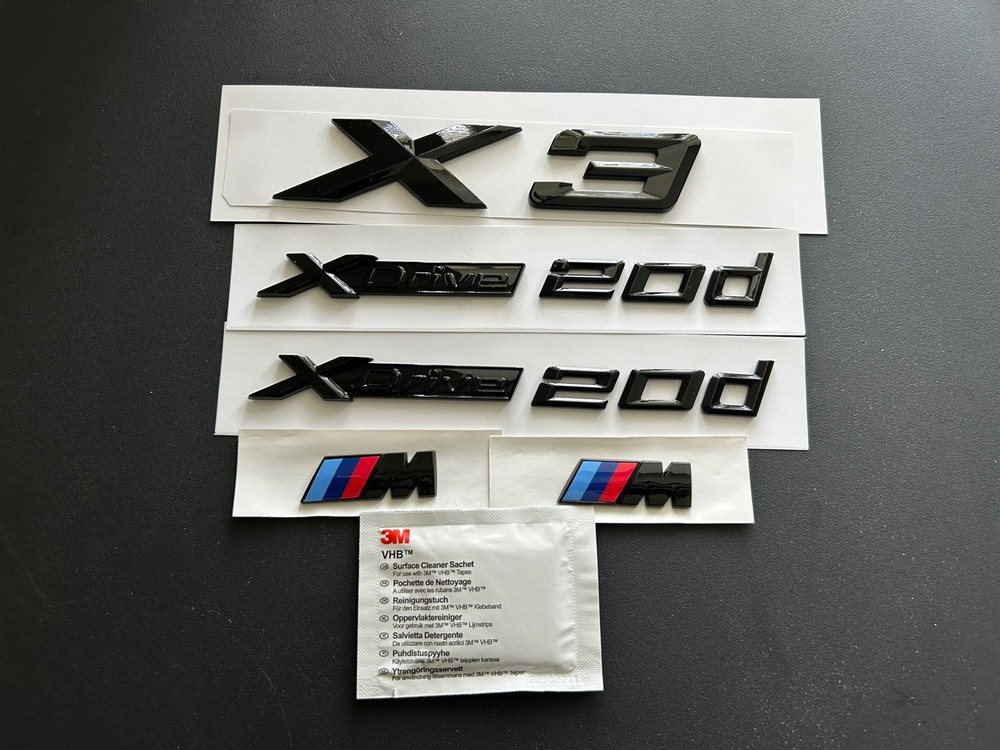 BMW X3 + 2X Xdrive 20d + 2X M WING BADGES IN GLOSS BLACK. FREE ALCOHOL WIPE
