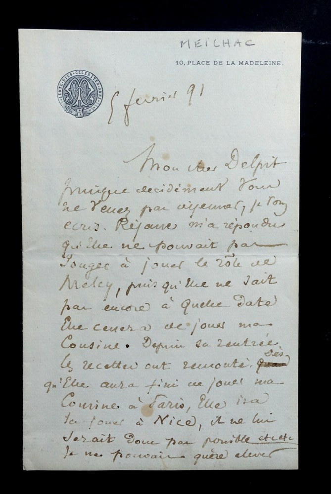 MEILHAC Henri - AUTOGRAPH LETTER SIGNED TO Albert DELPIT, 1891