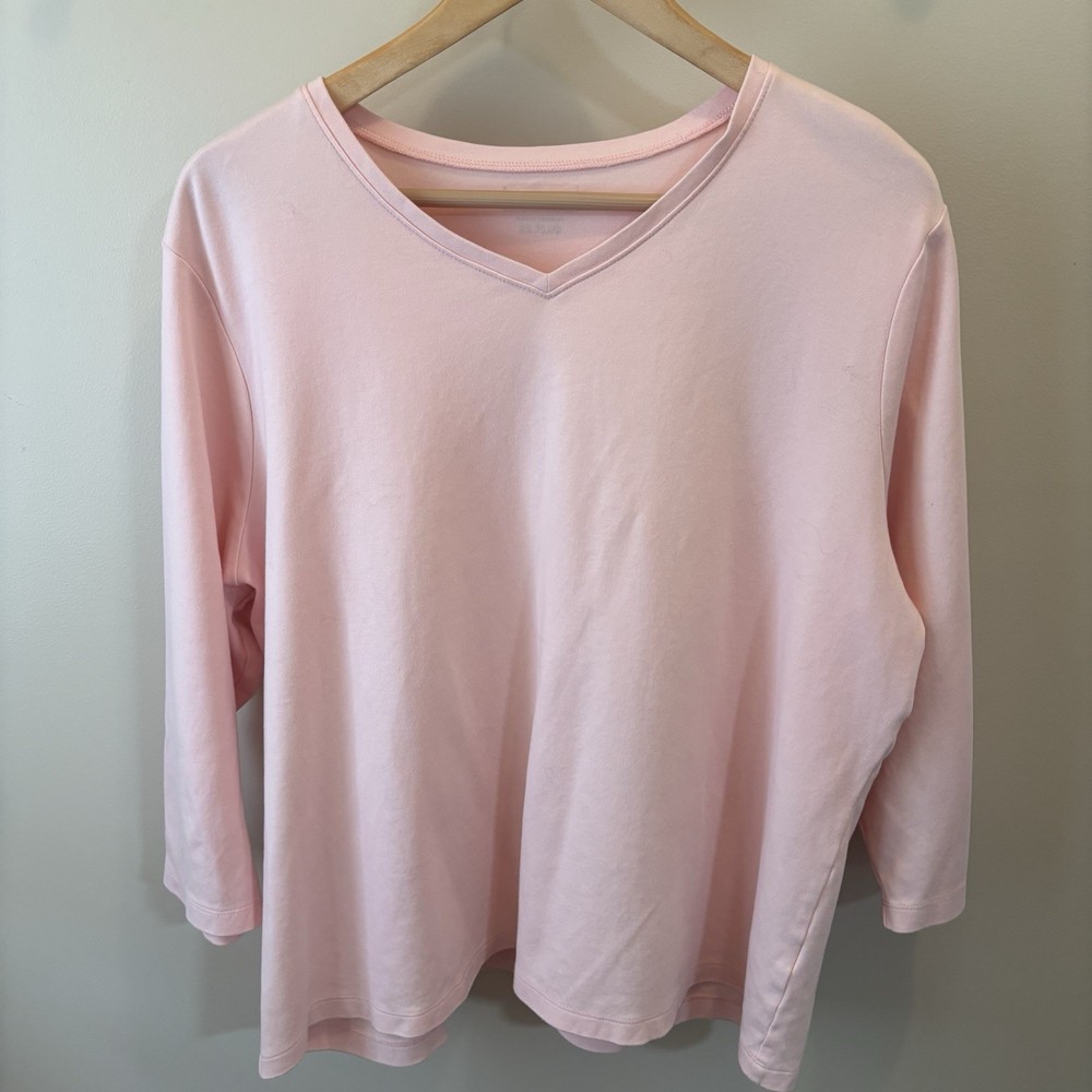 LL Bean V Neck Top Women 2XL Pink Cotton 3/4 Sleeve Minimalist Preppy Casual