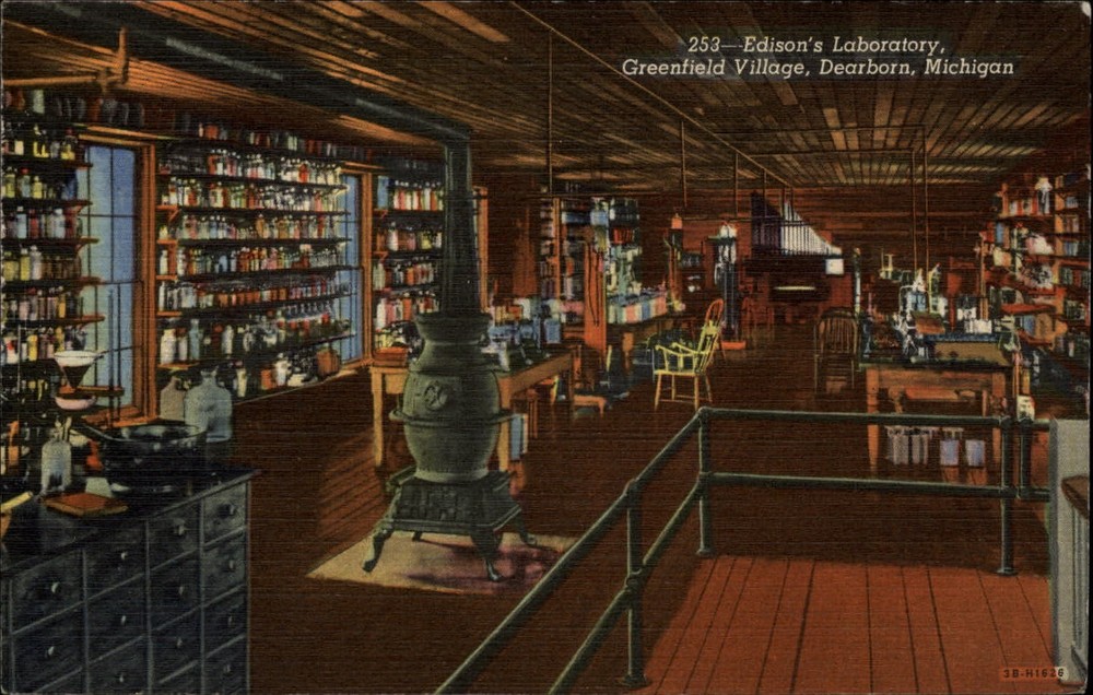 Dearborn Michigan Greenfield Village Edison's Laboratory 1940s linen postcard