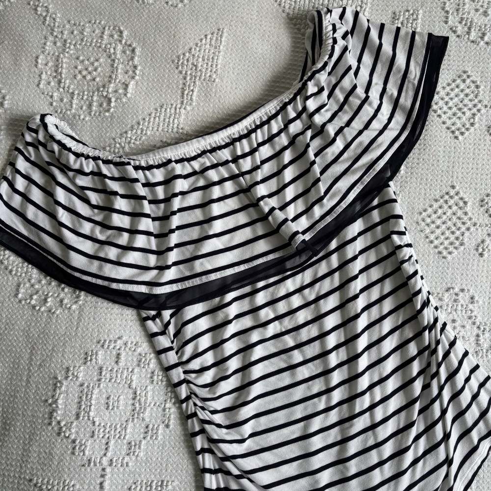 White house black market size S navy blue and white striped off the shoulder top