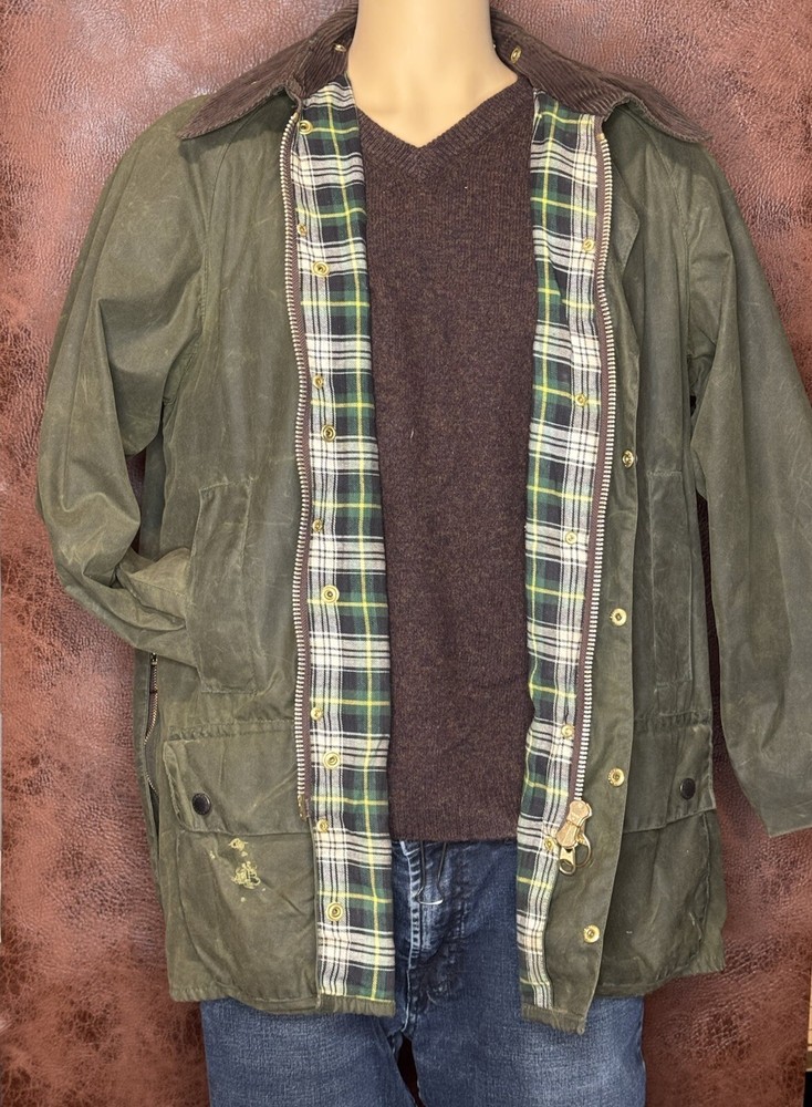 Vtg Barbour Beaufort A150 Jacket Waxed Cotton Coat Green Brass Zip Mens C44 EUC