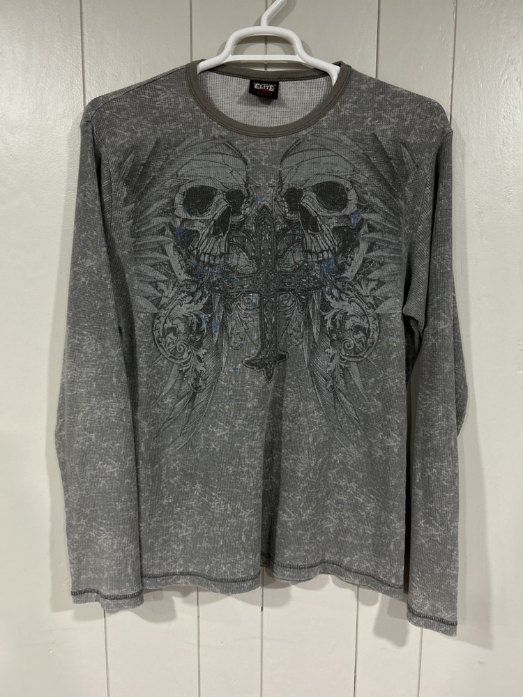 MMA Elite Mens XLarge Thermal Waffle Knit Shirt Cross Skulls Grunge Y2K Vintage