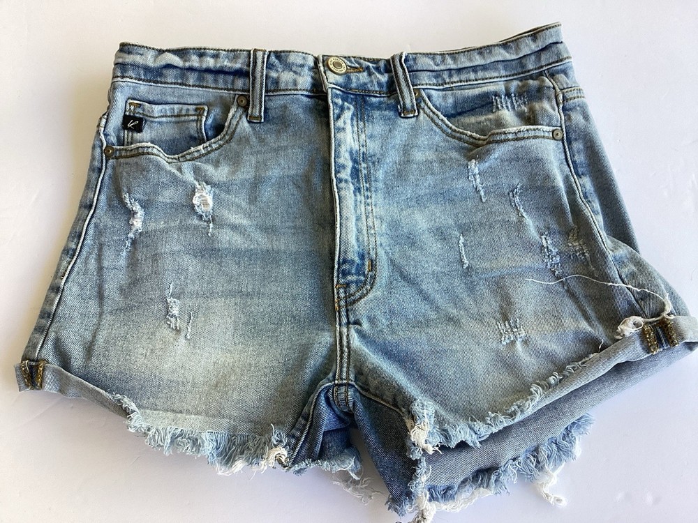 KanCan Cut Off Distressed Denim Shorts Blue Light Wash Frayed Hem Size L