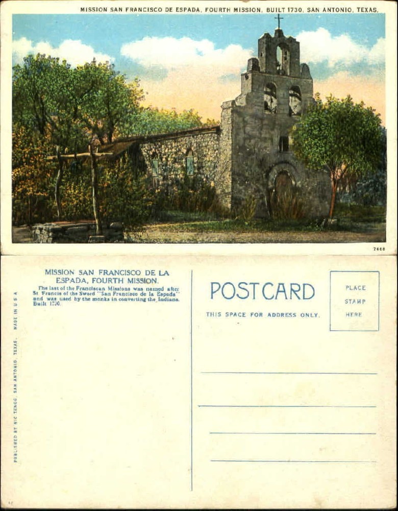 Mission San Francisco de Espada fourth mission 1730 San Antonio Texas postcard
