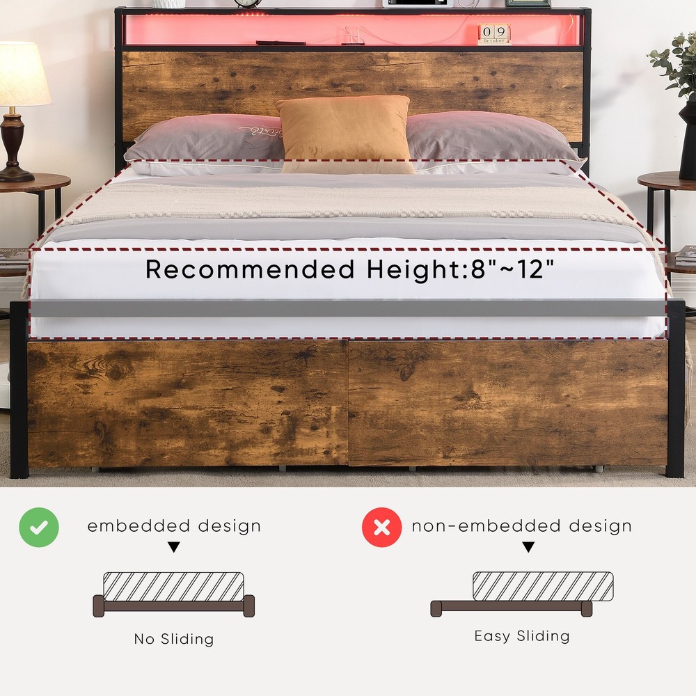 Queen Bed Frame with Storage Headboard and 2 Drawers for Extra Space
