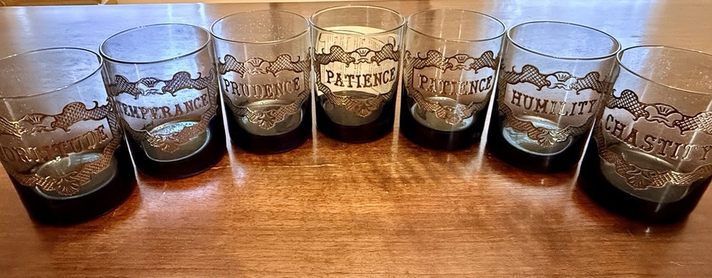 7 Neiman Marcus VIRTUES Low Ball Whiskey Scotch Bar Glasses