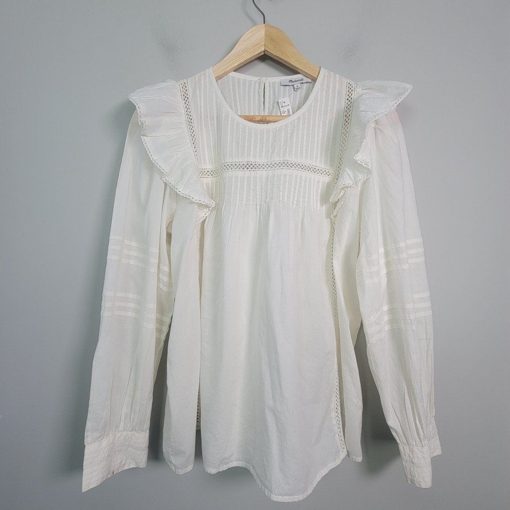 NWT Madewell M Long Sleeve Pintuck Ruffle Top Blouse Ivory