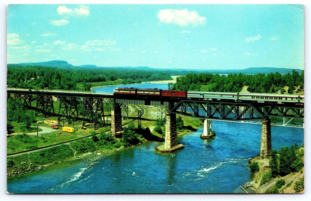 Vintage Photo Postcard Of A Railroad Train Crossing Over A Bridge River Canada
