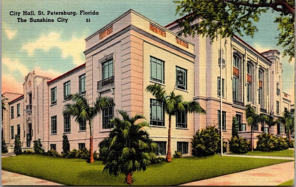 St. Petersburg FL City Hall Postcard Tichnor Linen Florida The Sunshine City
