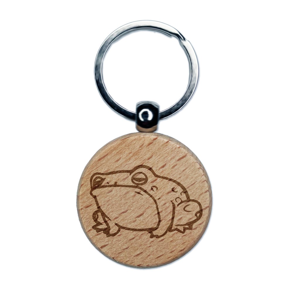 Sleepy Lazy Frog Toad Engraved Wood Round Keychain Tag Charm