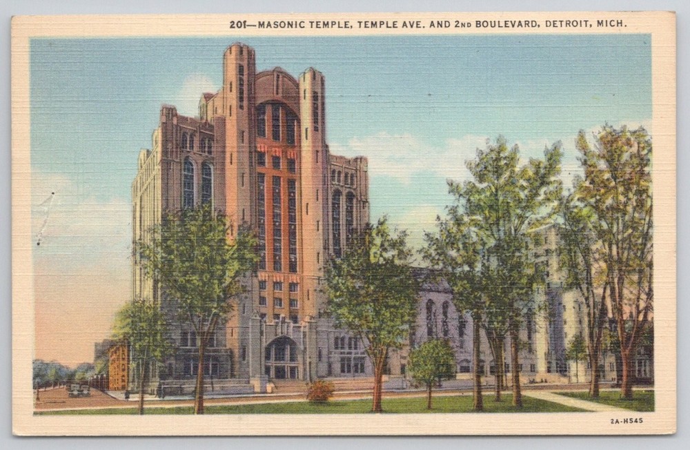Detroit Masonic Temple Linen Postcard 1940 Posted Curteich Michigan History