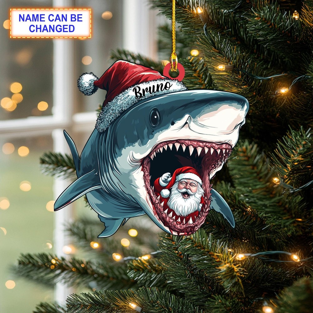 Custom Name Shark and Santa Claus Personalized Ornament  Christmas Tree Hanging