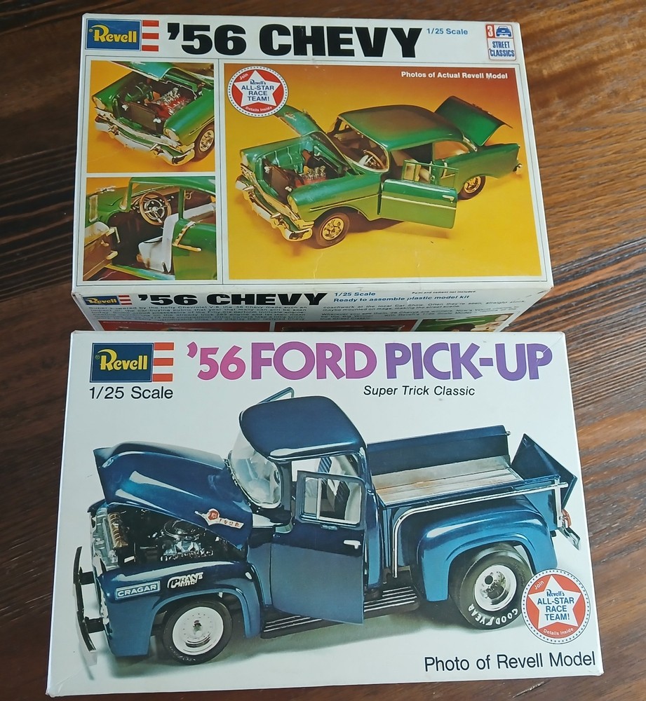Vintage Model Car Truck Kits 56 Chevy Ford 1970's Revell 1/25 Parts Lot Old Toy