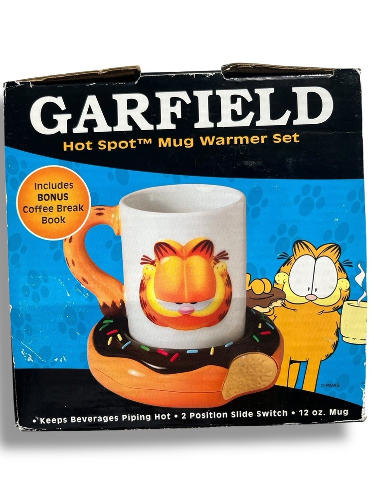 VTG GARFIELD COFFEE MUG WARMER SET Donut W Book 1999 Works With Books Unused