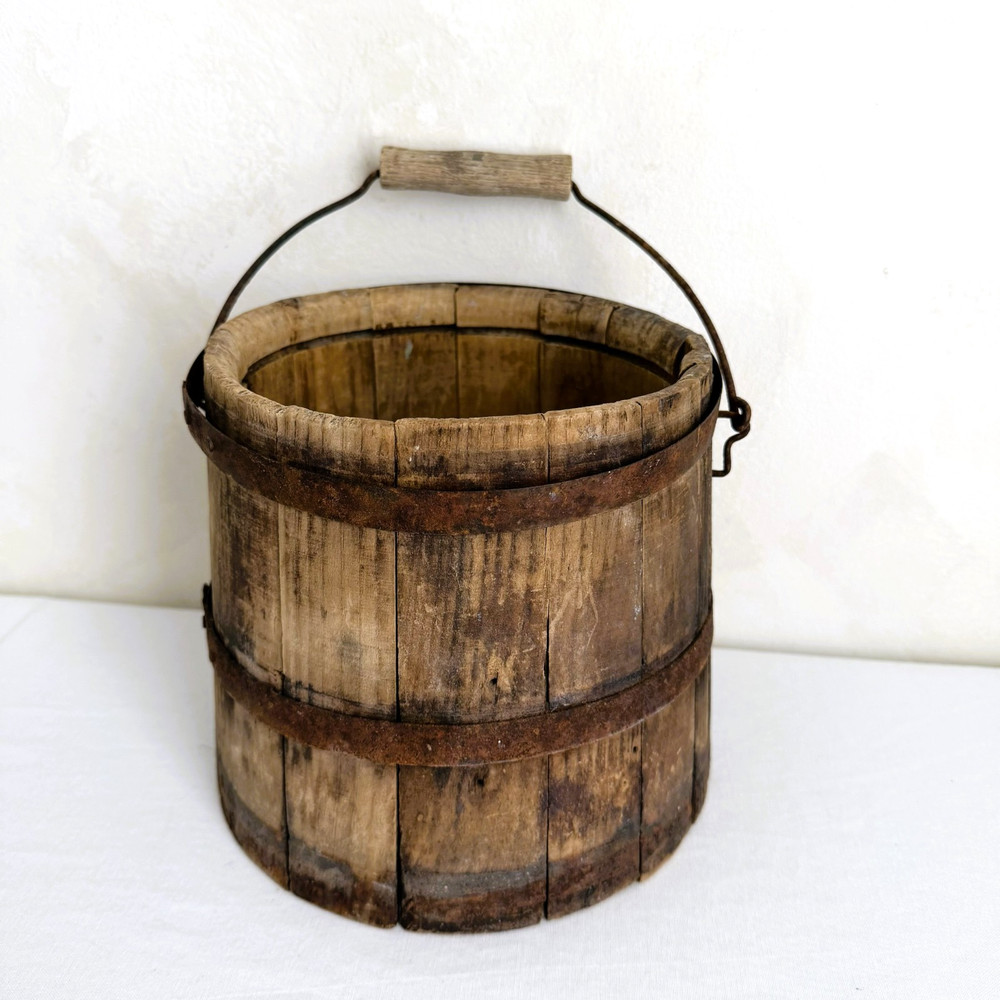 Antique Primitive Wooden Bucket Firkin Handle Wooden Staves Rusted Iron READ