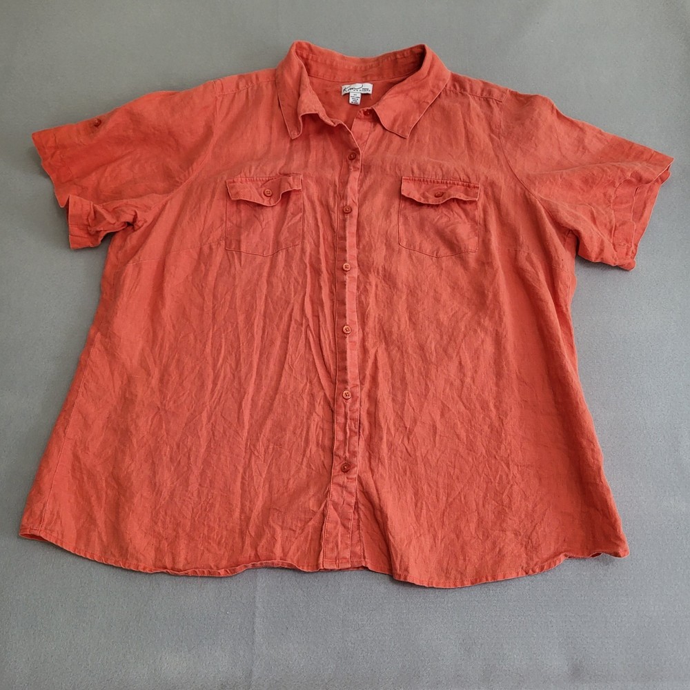 Kim Rogers Woman 100% Linen Short Sleeve Button Up Shirt Roll Up Sleeve Size 2X