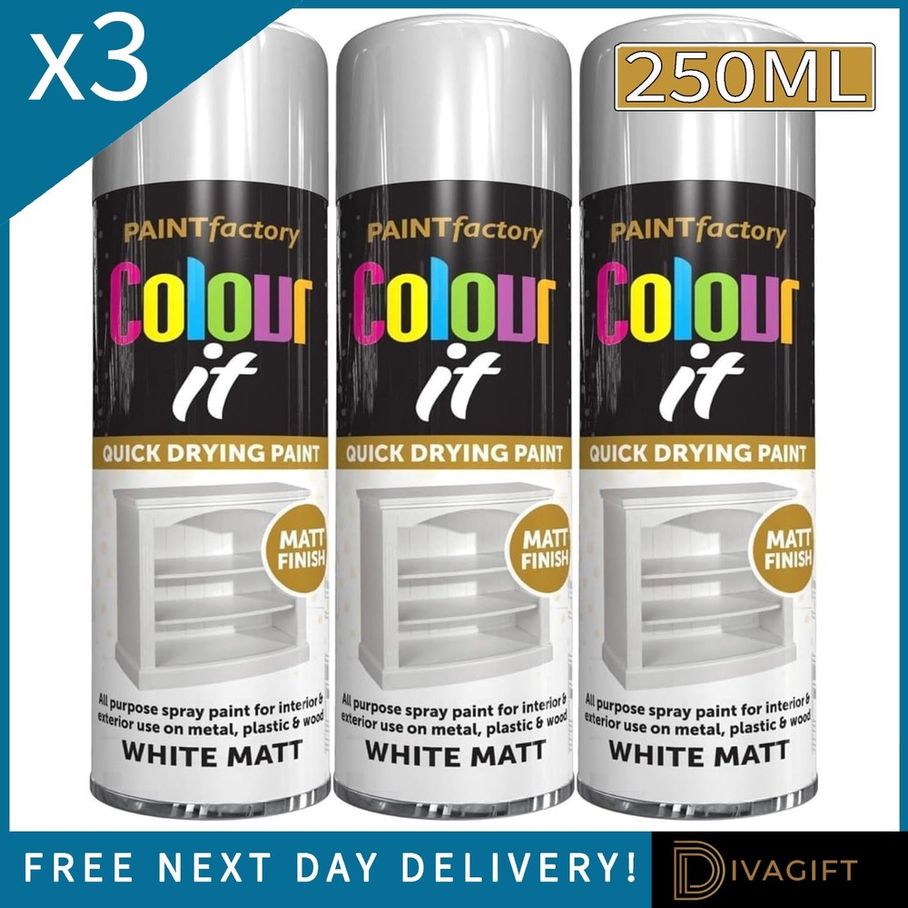 3 x WHITE MATT FINISH SPRAY PAINT 250ML MULTI PURPOSE FAST DRYING COLOUR IT NEW