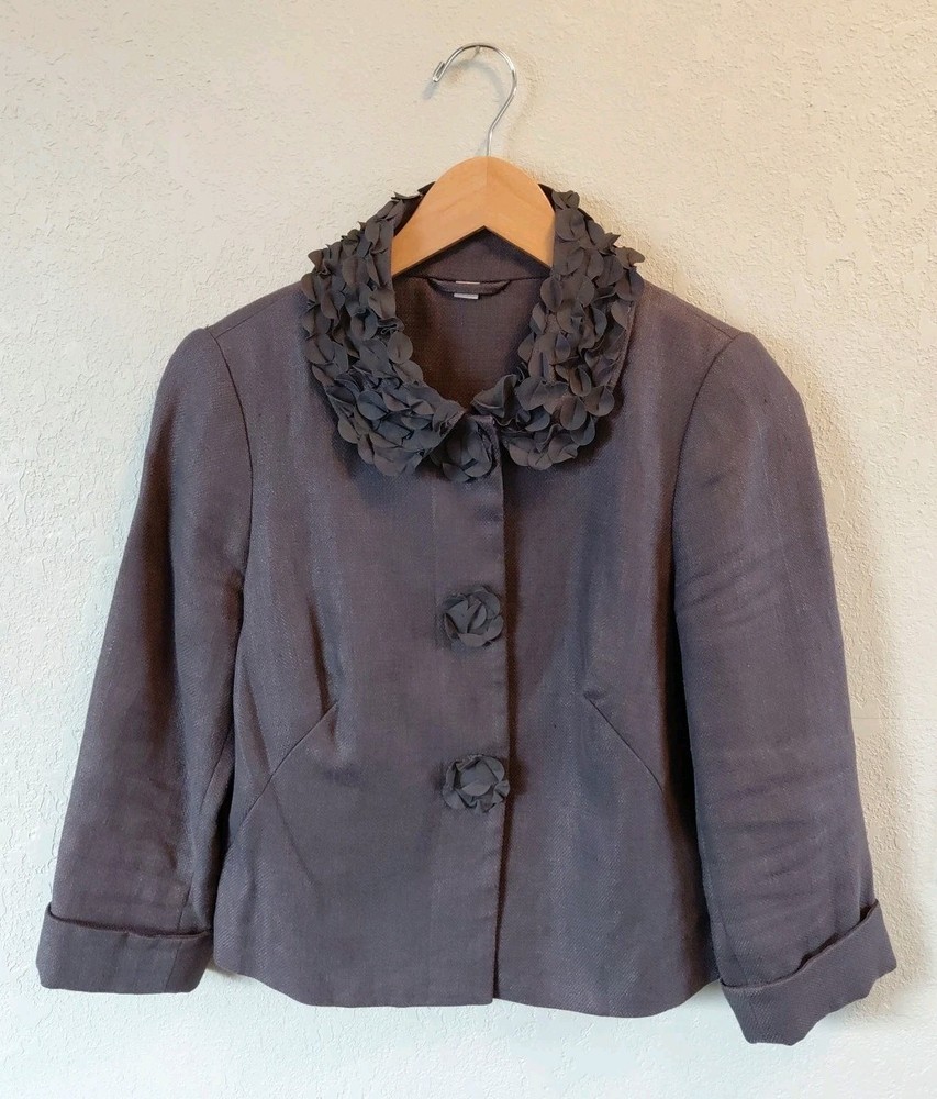 Boden Navy Linen Jacket Womens Size 4 Ruffle Flower Detail Snap Buttons Feminine