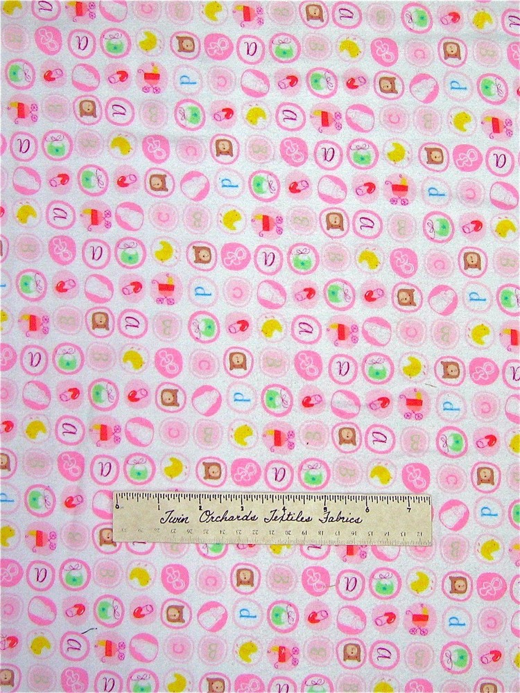 Flannel Fabric - Nursery Baby Girl Small Medallion Bear Bib Bottle - LAST 1.13Yd