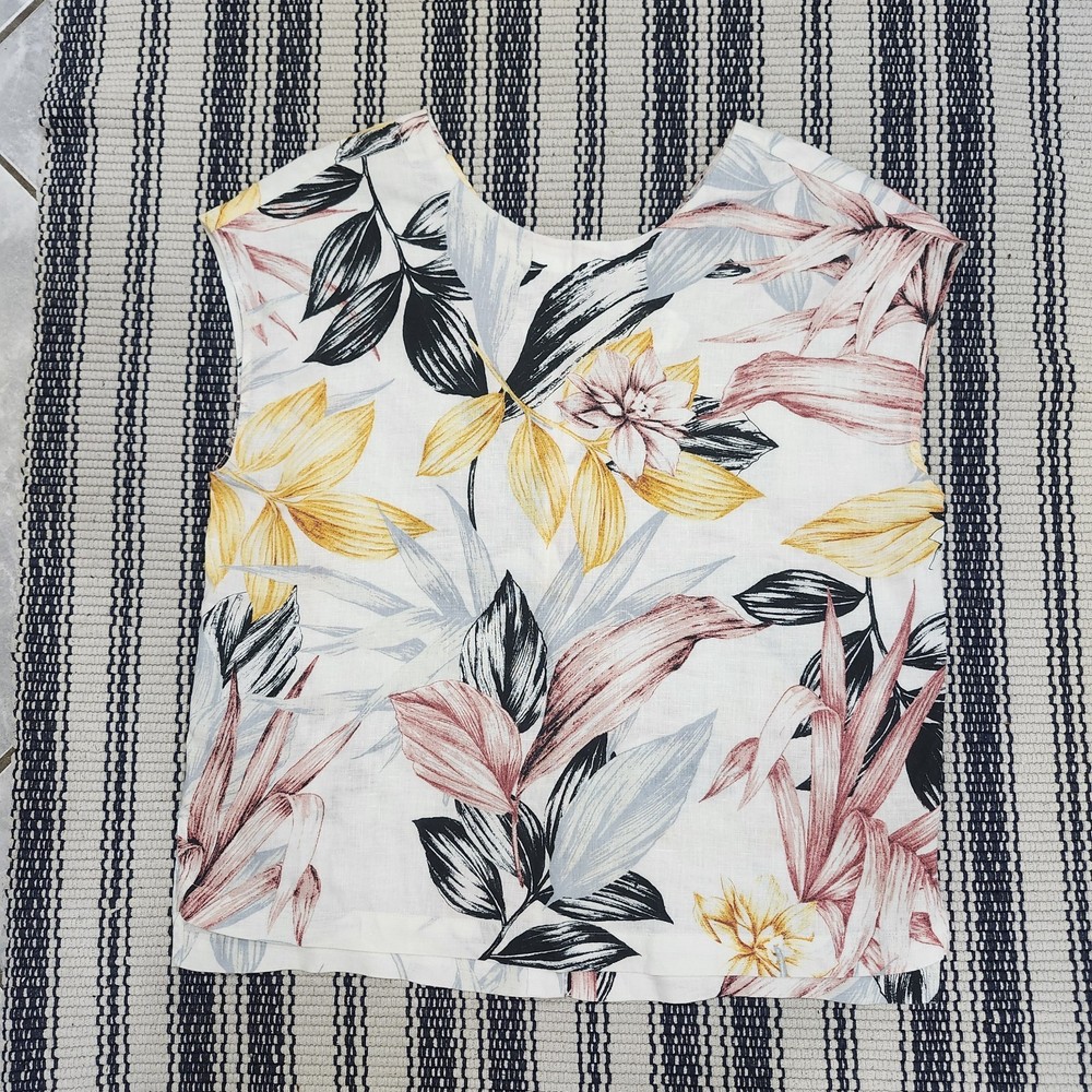 C&C California Linen Blouse Womens M Oversized Tropical Floral Sleeveless