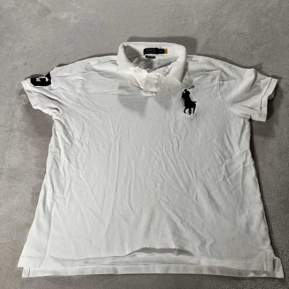 POLO RALPH LAUREN Mens Big Pony Custom Slim Fit Polo Shirt -WHITE- XL Flaw