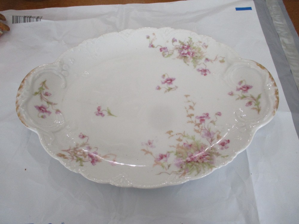 Antique Haviland Limoges Oval Serving Platter Pink Floral Motif Gold Trim