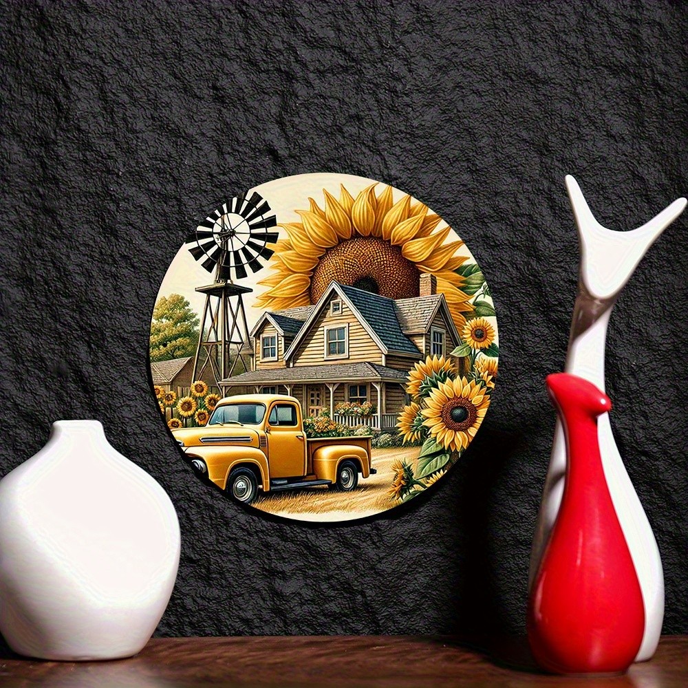 Vintage Farmhouse Metal Sign Round Rustic Yellow Truck Sunflowers