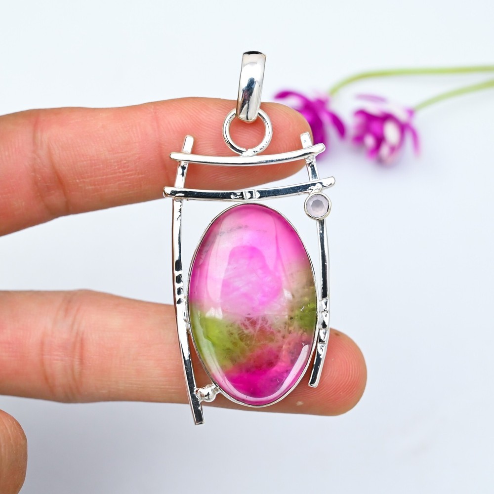 Watermelon Tourmaline, Rose Quartz Pendant 925 Sterling Silver Handmade Jewelry