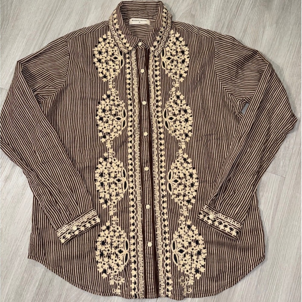 Maison Hotel XS Brown Striped Cotton Crochet Lace Boho Button Down Shirt Spain