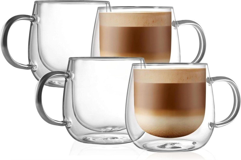 16oz Double Walled Glass Coffee Mugs(4-pack),Large Clear Coffee Cups with Handle