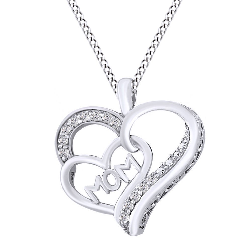 0.25Ct White Diamond Accent MOM Heart Pendant Chain 14K White Gold Plated Silver