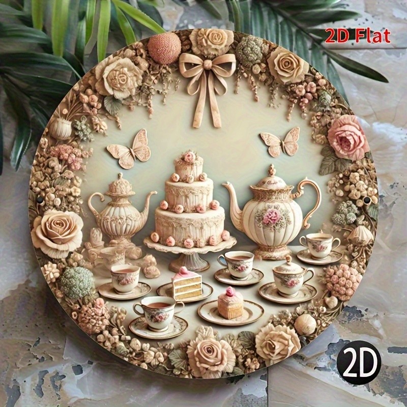 Round Tea Party Metal Wall Decor Vintage Floral Tea Cup
