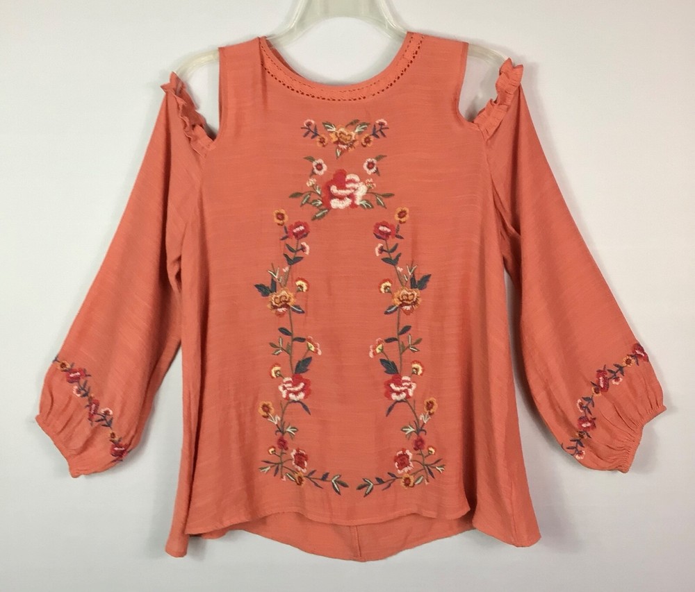 UMGEE Blouse Womens Med Salmon Embroidered Floral Long Sleeve Cold Shoulder Boho