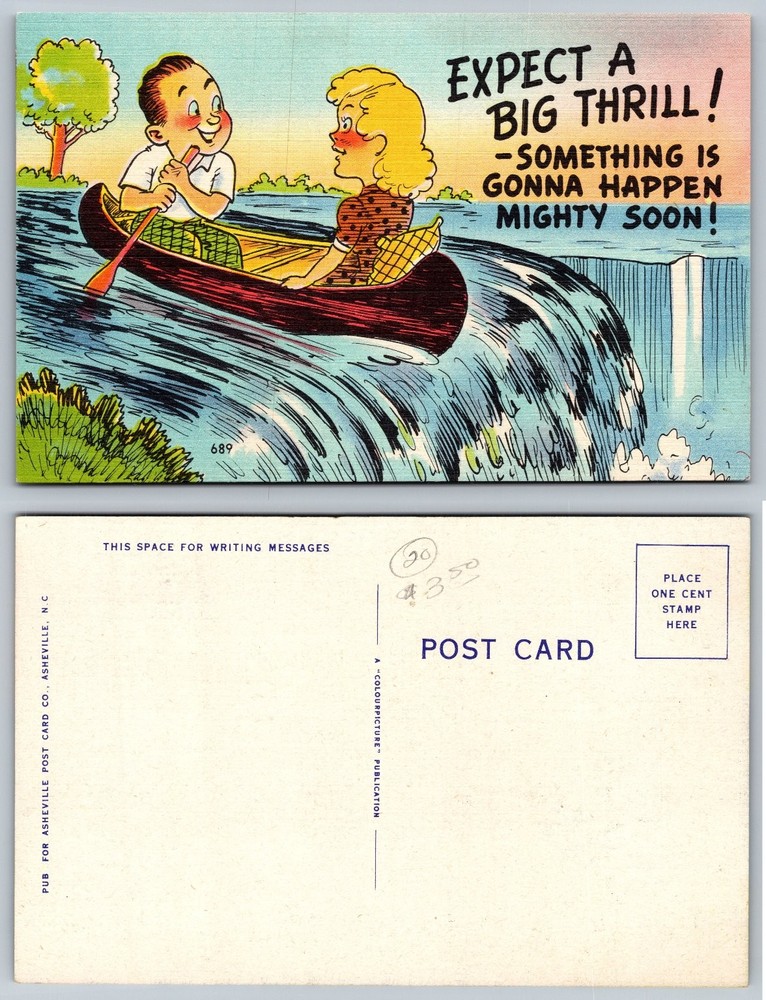 Vintage Linen Postcard Expect A Big Thrill Canoe Waterfall Humor Asheville NC