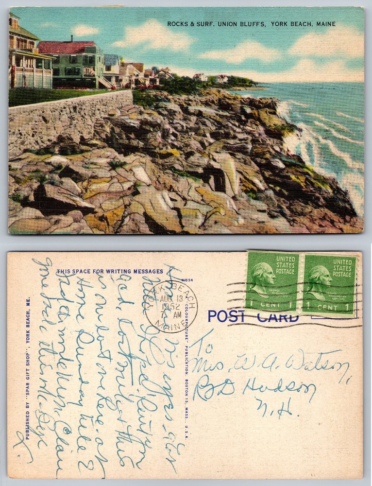 Vintage 1952 Postcard: Rocks & Surf, Union Bluffs, York Beach, Maine