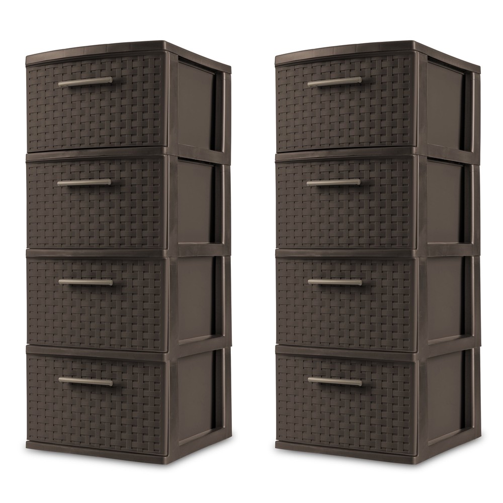 4 Drawer Weave Tower Plastic Espresso Set of 2 Storage Bins & Baskets