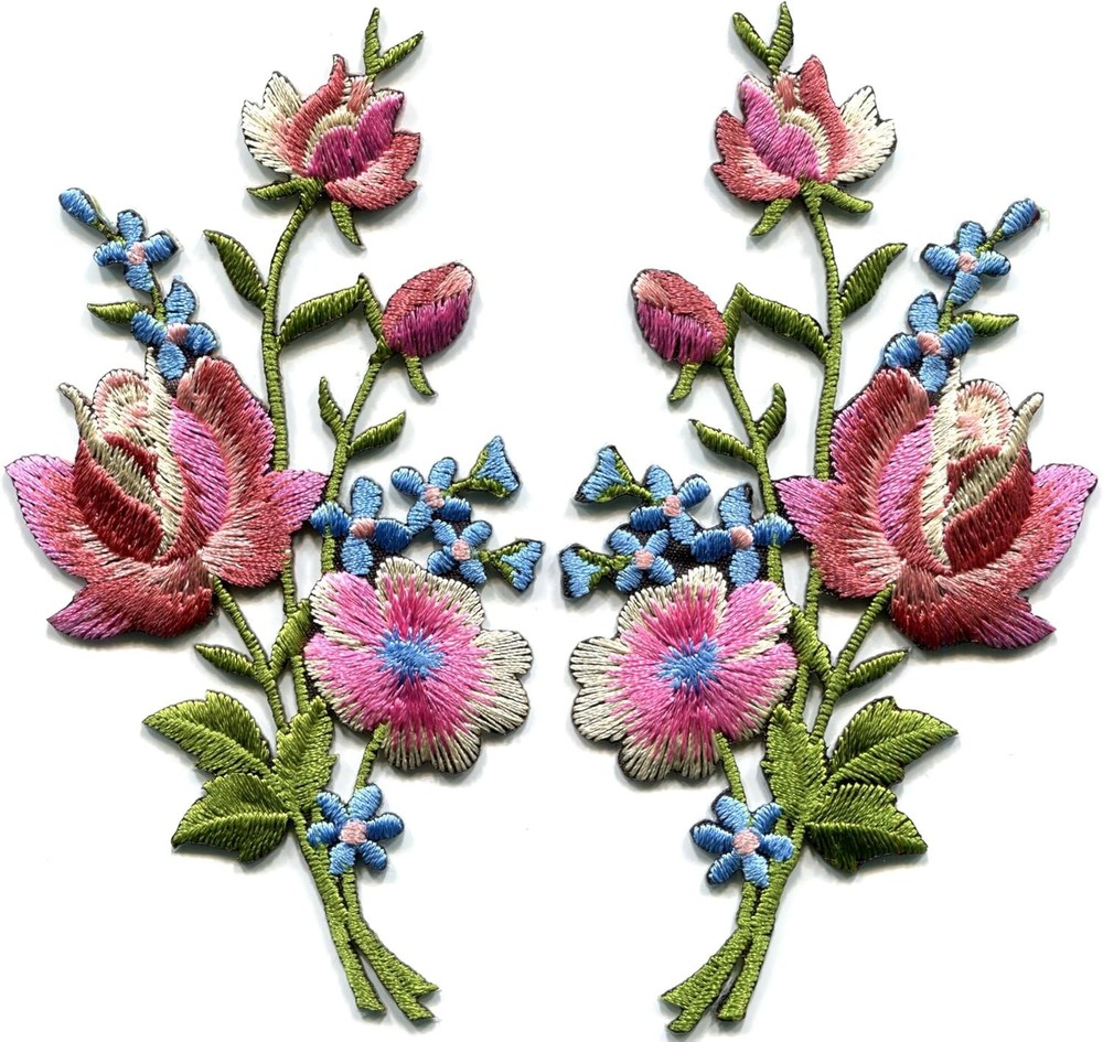 Mauve Pink Roses Pair Flowers Floral Bouquet Boho Embroidered Appliques Iron-on